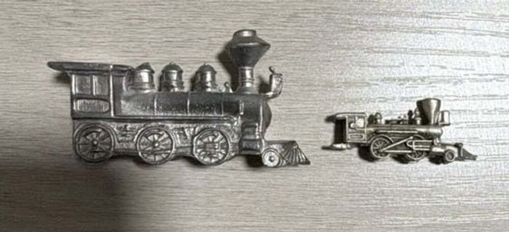 Vintage Miniature Pewter Train Locomotive Figurines, 2-Piece Set